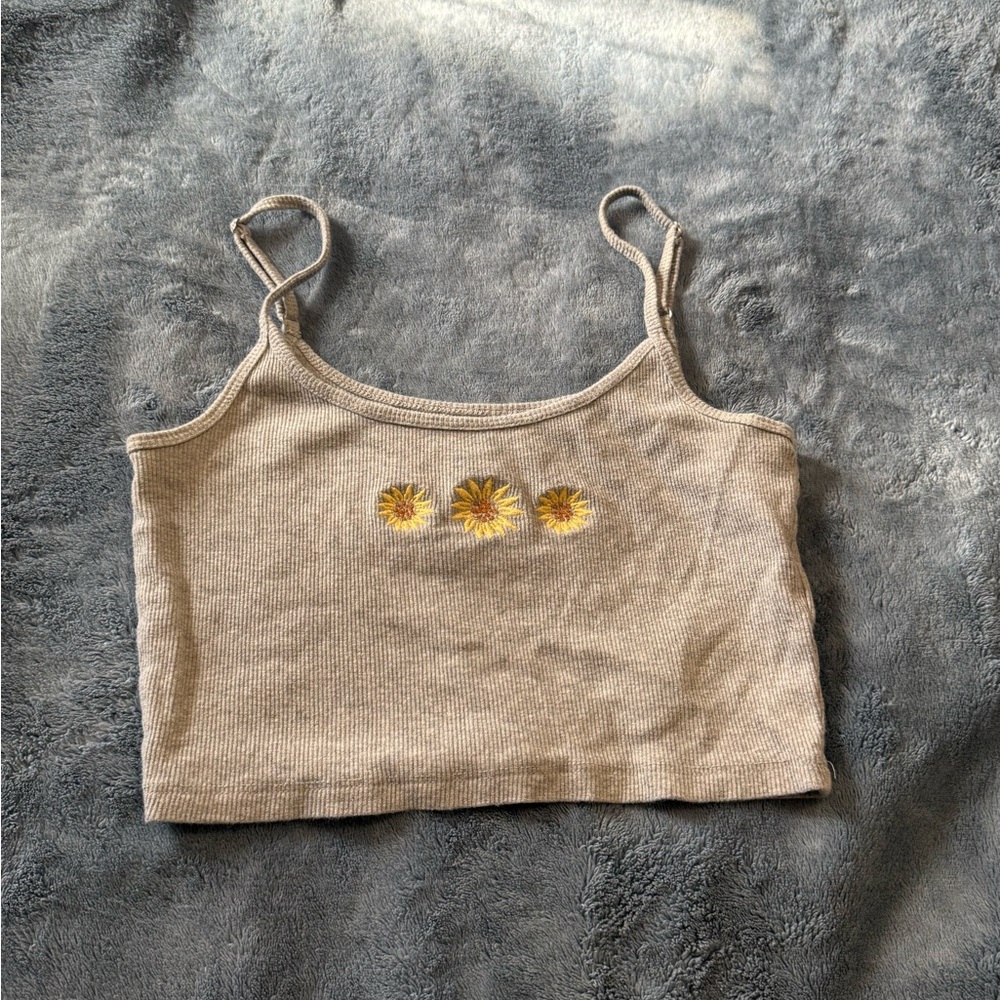 Hollister Gray Crop Top with Sunflower Embroidery